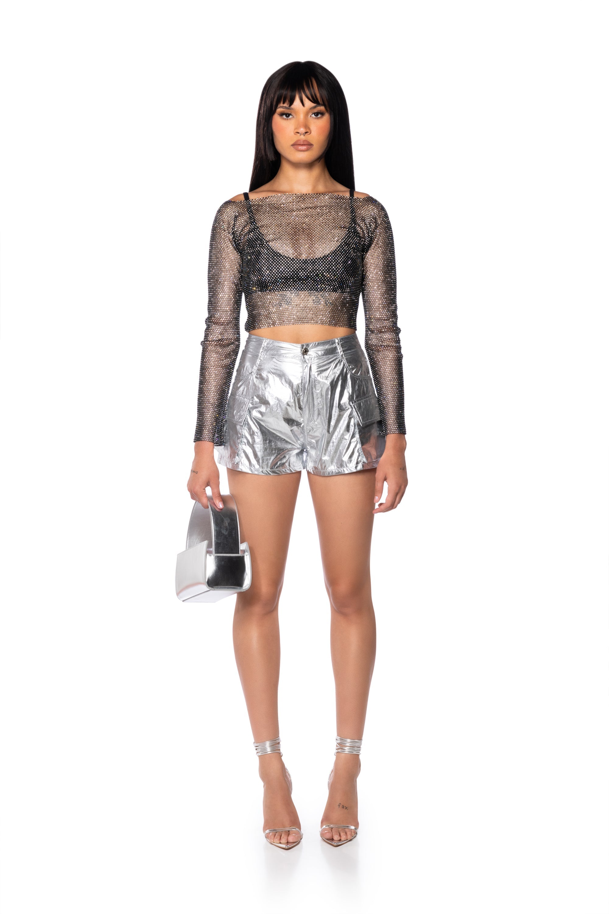 IN MY FUTURE METALLIC CARGO SHORTS IN SILVER