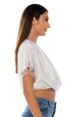 INDIGO DRAPED RHINESTONE MESH BLOUSE