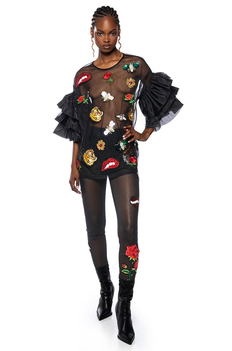 INKED SEQUIN APPLIQUE MESH LEGGING