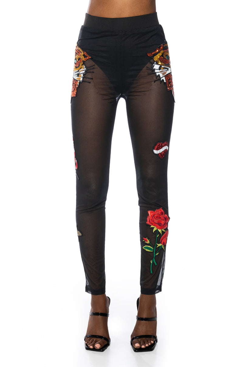INKED SEQUIN APPLIQUE MESH LEGGING