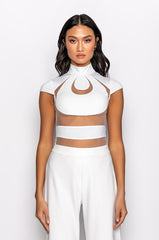 SAYLOR MESH INSERT MOCK NECK SHORT SLEEVE BODYSUIT