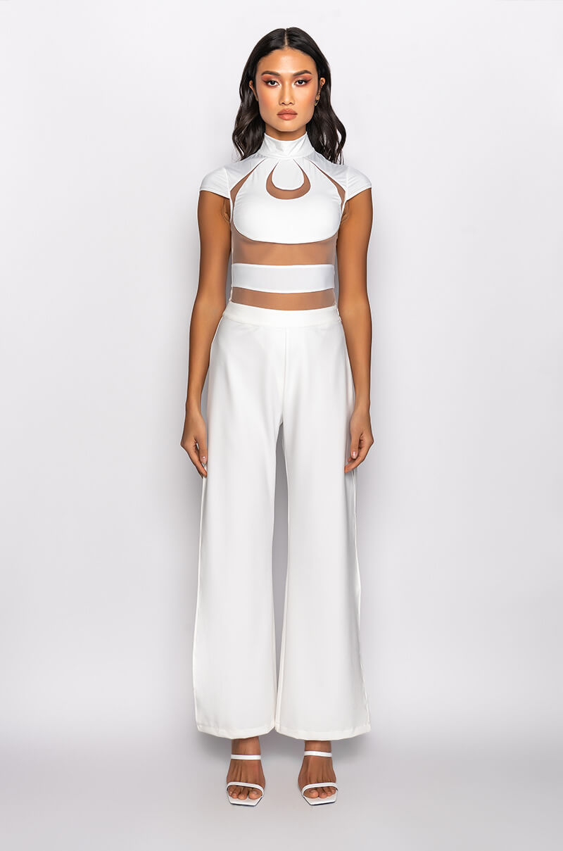 SAYLOR MESH INSERT MOCK NECK SHORT SLEEVE BODYSUIT