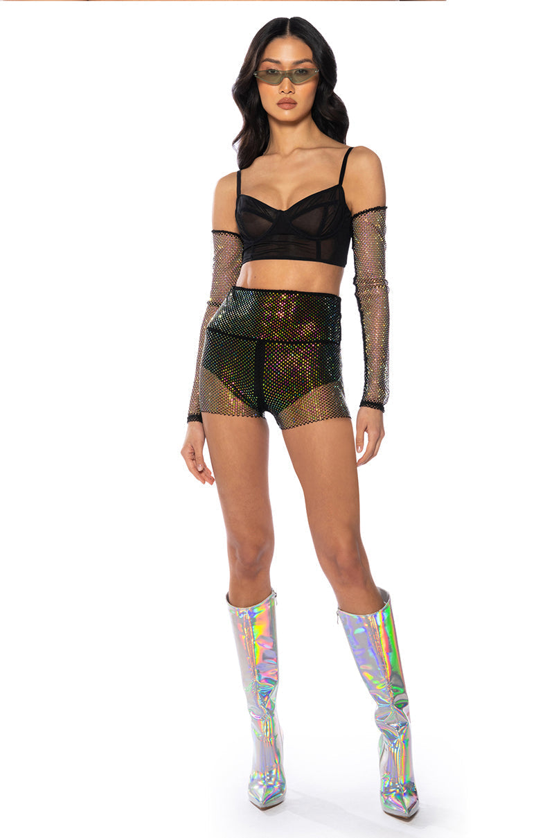 INTO YOUR IMAGINATION RHINESTONE MINI SHORTS