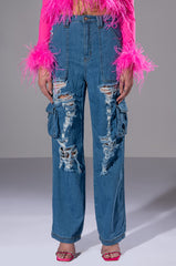 IVY DISTRESSED CARGO HIGH WAISTED JEANS