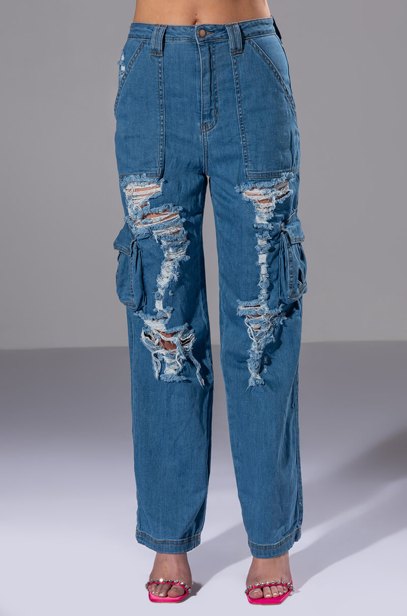 IVY DISTRESSED CARGO HIGH WAISTED JEANS