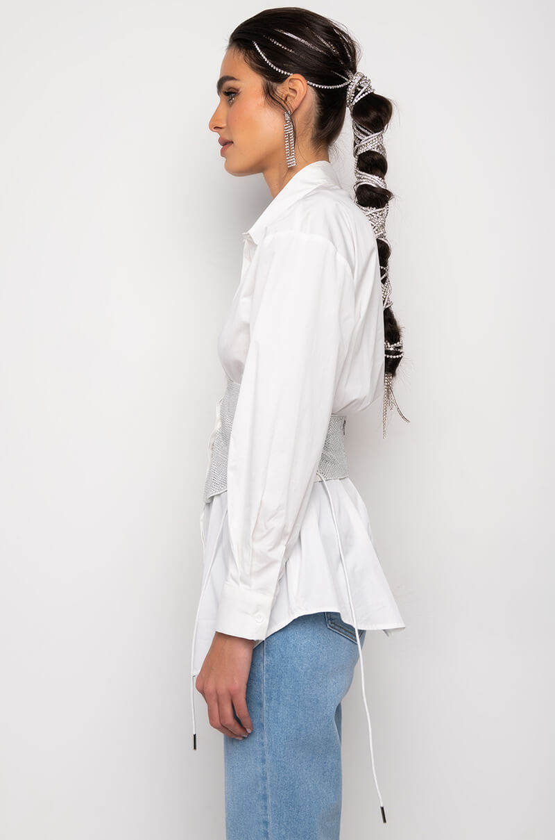 IVY RHINESTONE CORSET BUTTON DOWN BLOUSE