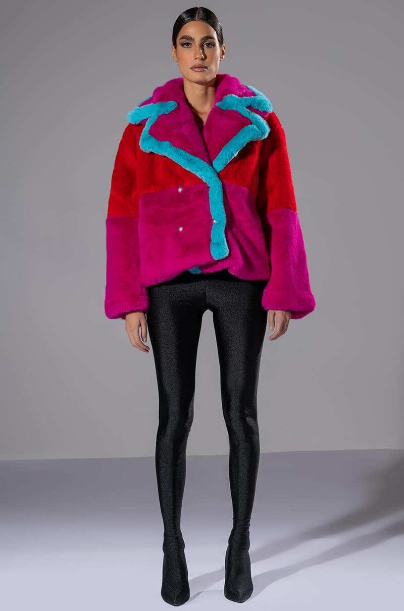 JAYLEY BRAND FAUX FUR COLOR BLOCK JACKET