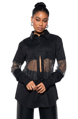 JOSIE RHINESTONE MESH POPLIN BUTTON DOWN