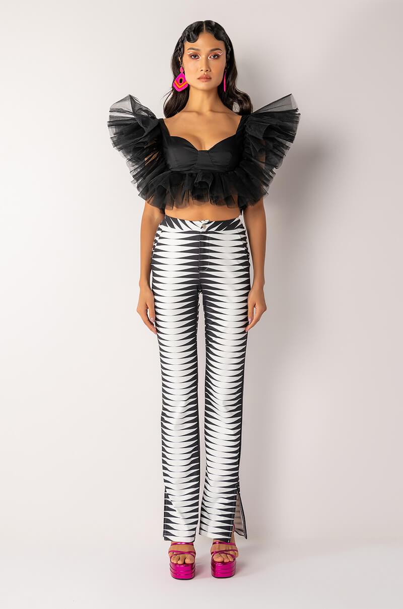 JUNO RUFFLE SLEEVE TULLE DETAIL CROPPED BLOUSE
