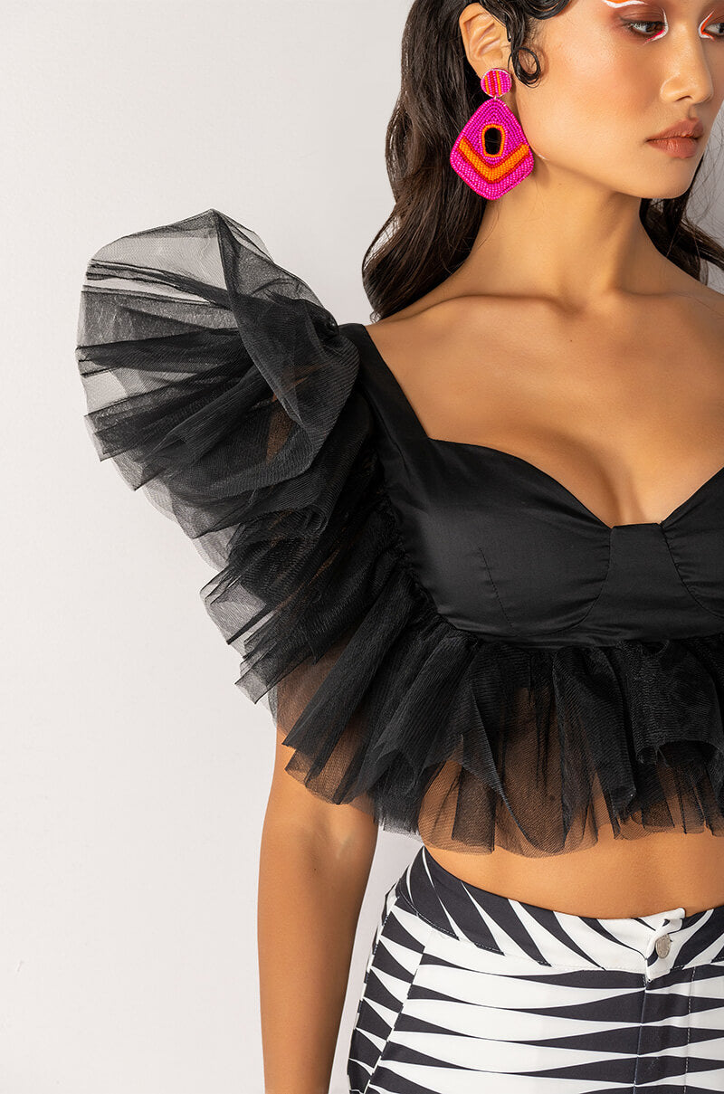 JUNO RUFFLE SLEEVE TULLE DETAIL CROPPED BLOUSE