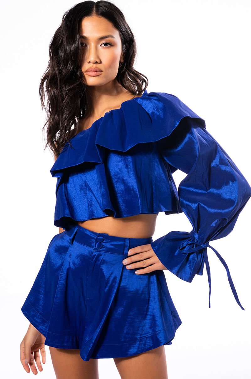 KAMILA ONE SHOULDER STRETCH TAFFETA CROPPED BLOUSE