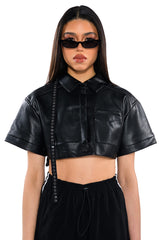 KATYA ULTRA CROPPED FAUX LEATHER BLAZER