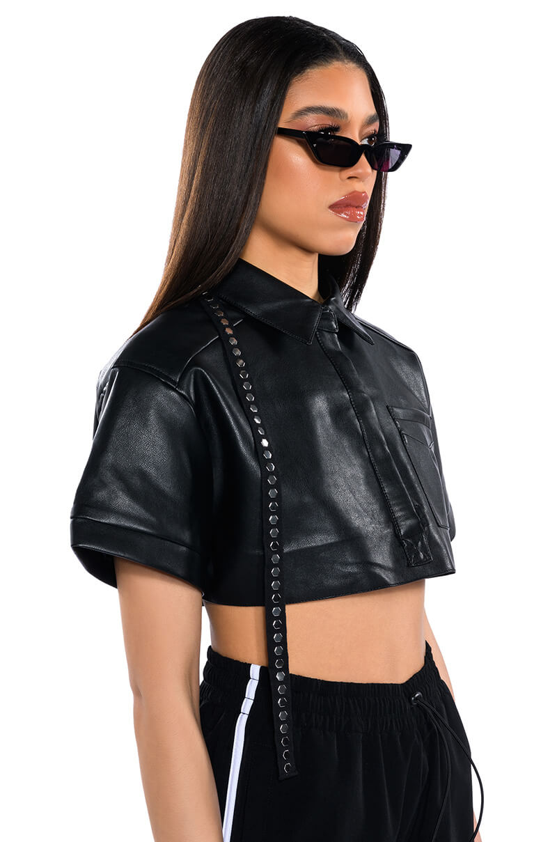 KATYA ULTRA CROPPED FAUX LEATHER BLAZER