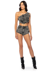 KENLY BUCKLE DETAIL DENIM CROP TOP