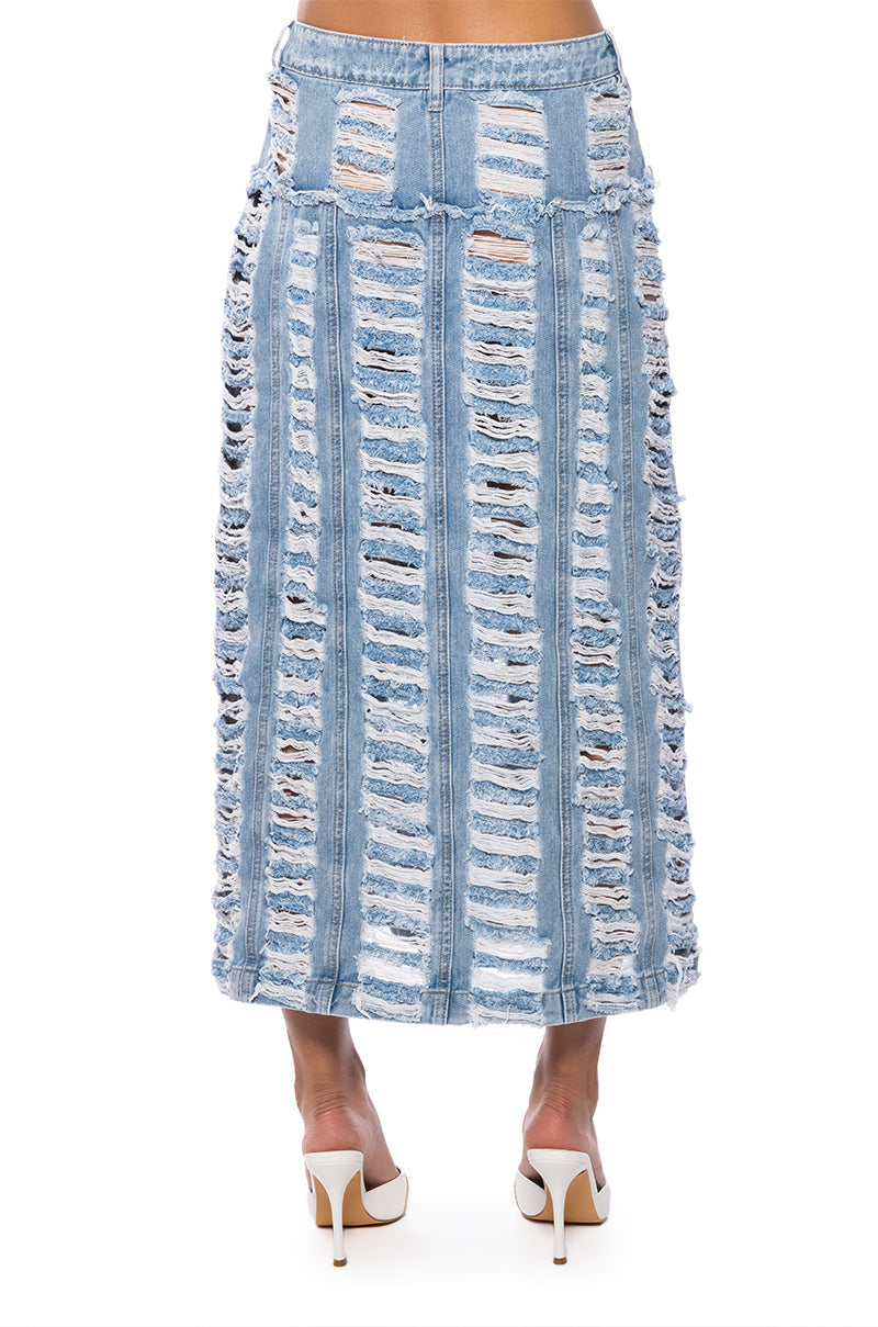 KENNIE DISTRESSED DENIM MIDI SKIRT