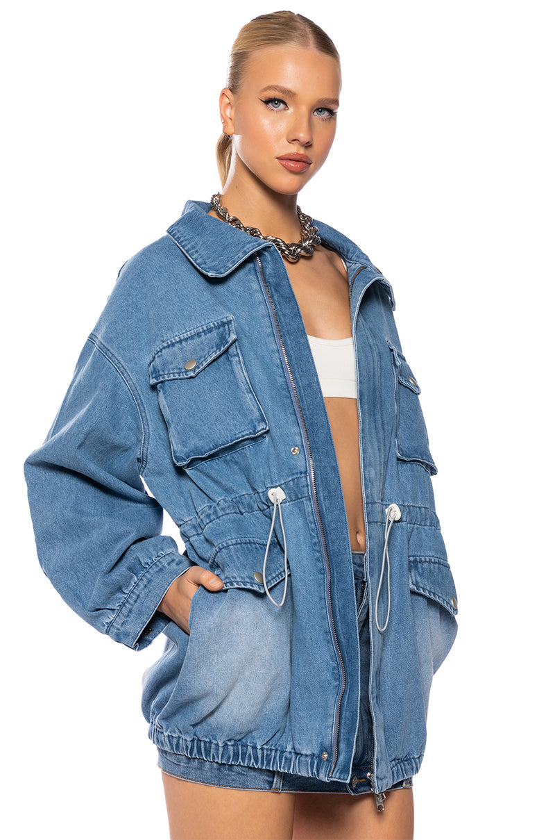 KICKSTART CINCHED WAIST DENIM JACKET