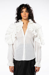 LADY LUCK LONG SLEEVE RUFFLE BUTTON DOWN BLOUSE