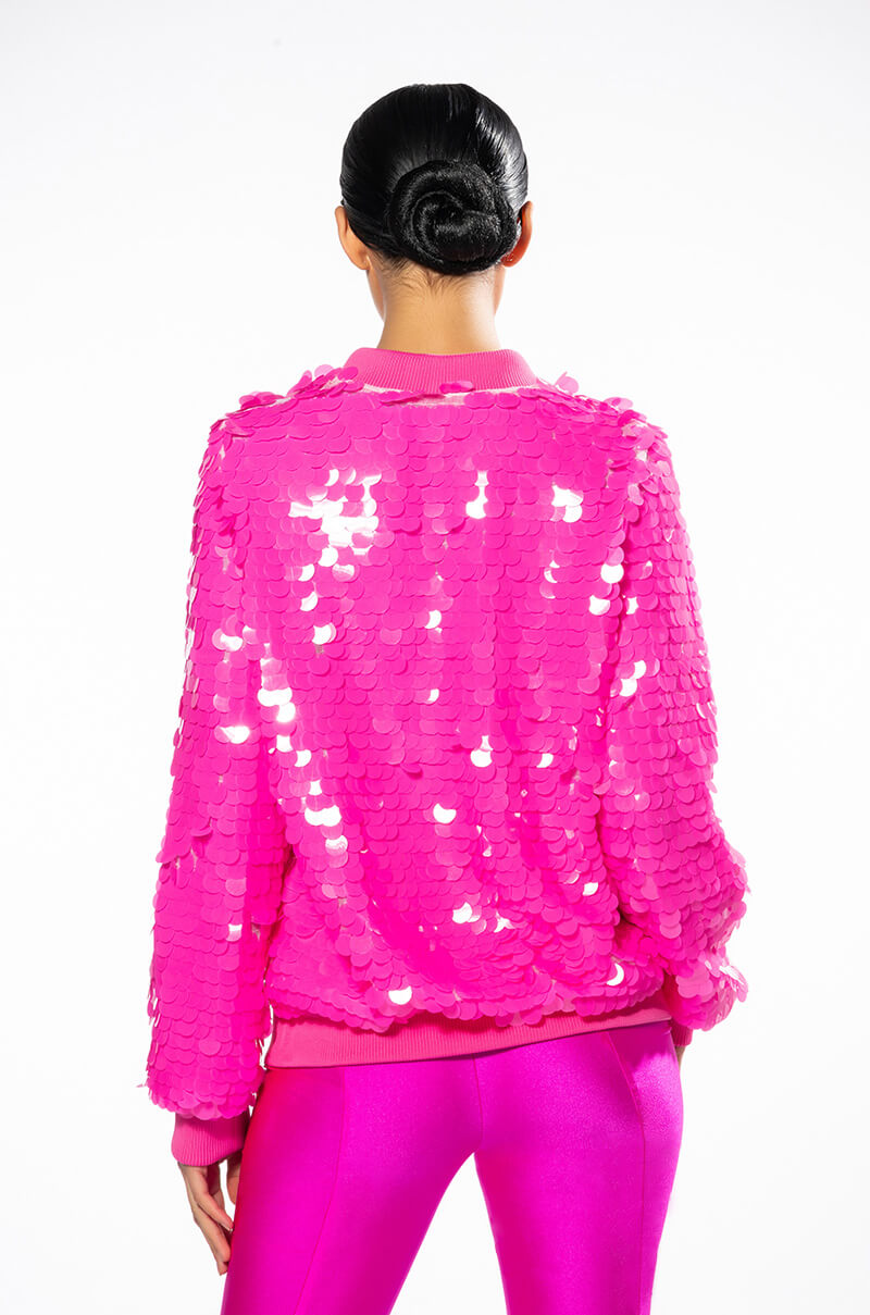 LARGE SEQUIN VARSITY BOMBER WITH RIB TRIMS