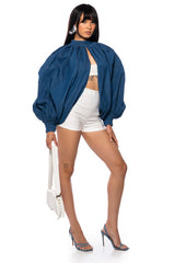 LEAH RUCHED DENIM MOCK NECK TOP