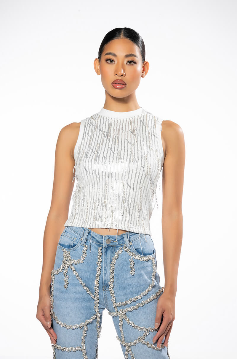 LEAVIN ON A JET PLANE SLEEVELESS RHINESTONE TANK