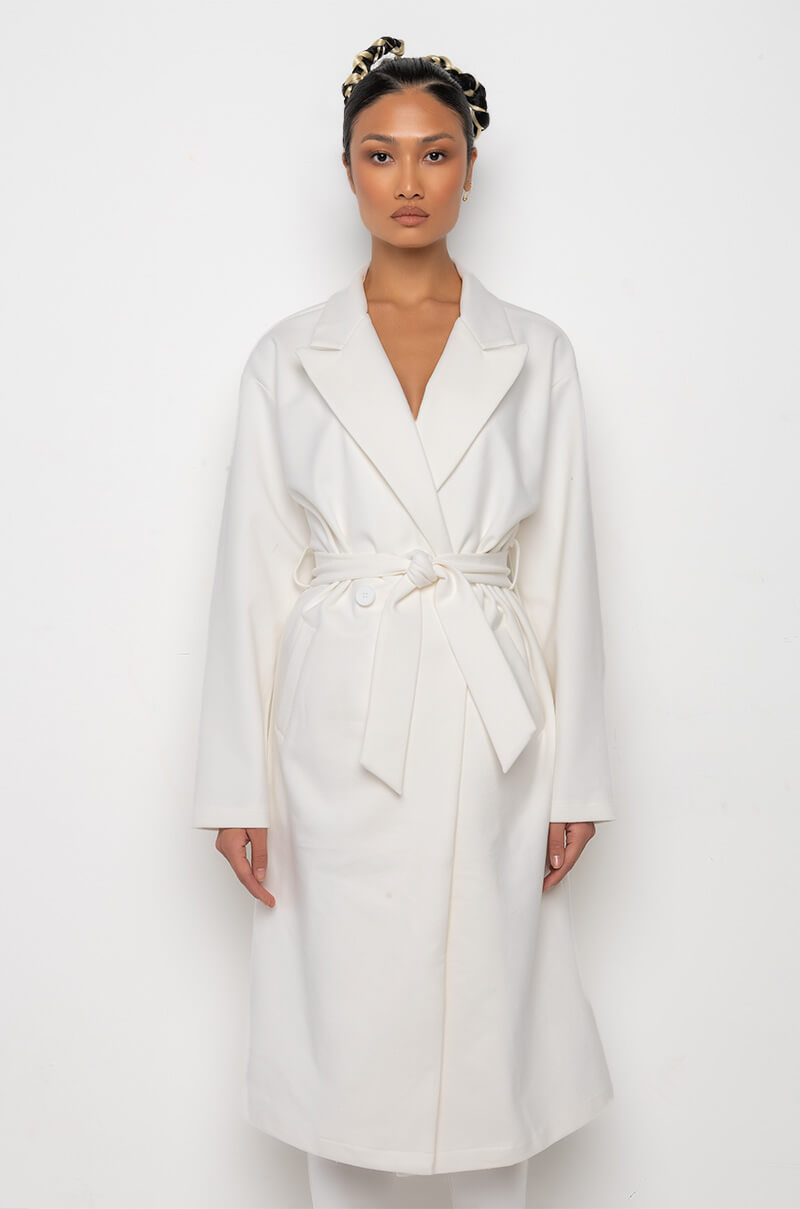 LIKE WHEN I GET HIGH LONG WHITE TRENCH COAT