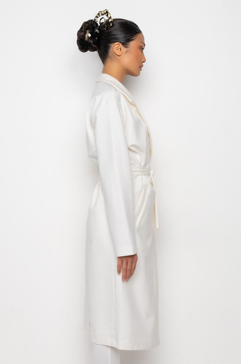 LIKE WHEN I GET HIGH LONG WHITE TRENCH COAT