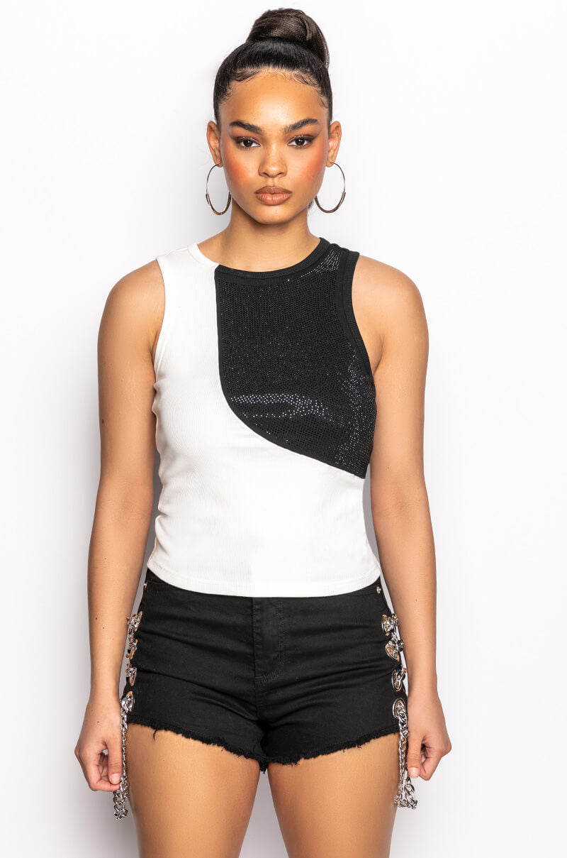 LITTLE SOMETHING EXTRA RHINESTONE CREW NECK RIBBED TANK