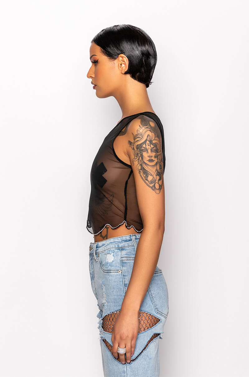 LIVE FAST RHINESTONE TRIM MESH TANK