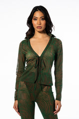 LIVIN ON A PRAYER TIE FRONT MESH BLOUSE
