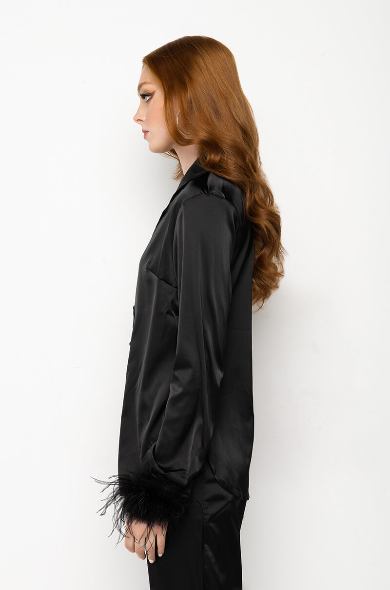 LOLA FEATHER CUFF SATIN BLOUSE