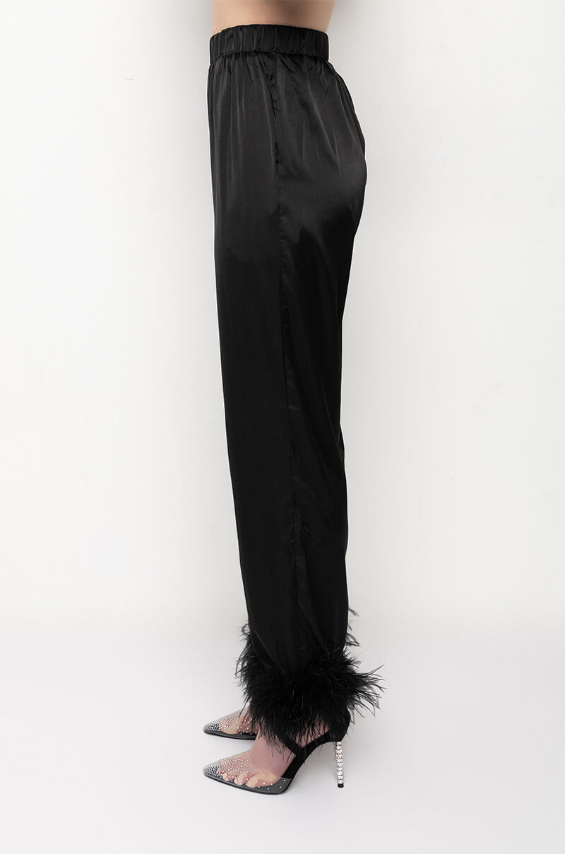 LOLA FEATHER DETAIL SATIN PANT