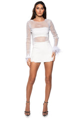 LONG SLEEVE FEATHER CUFF RHINESTONE TOP IN WHITE