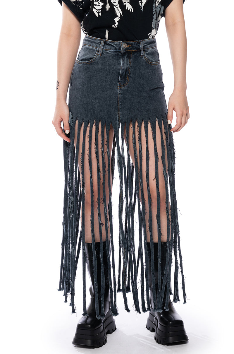 LOST AT SEA FRINGE DENIM MAXI SKIRT