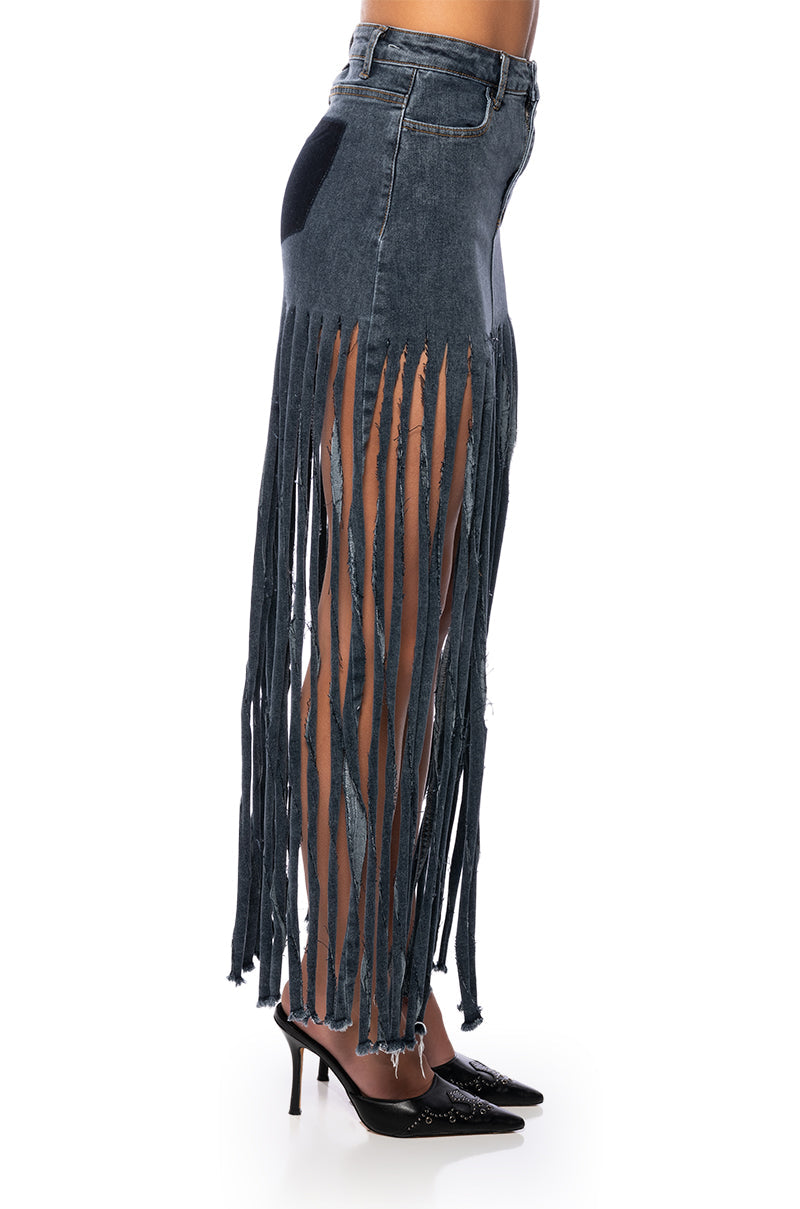 LOST AT SEA FRINGE DENIM MAXI SKIRT