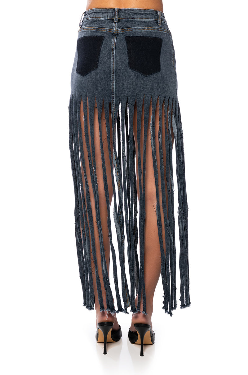 LOST AT SEA FRINGE DENIM MAXI SKIRT