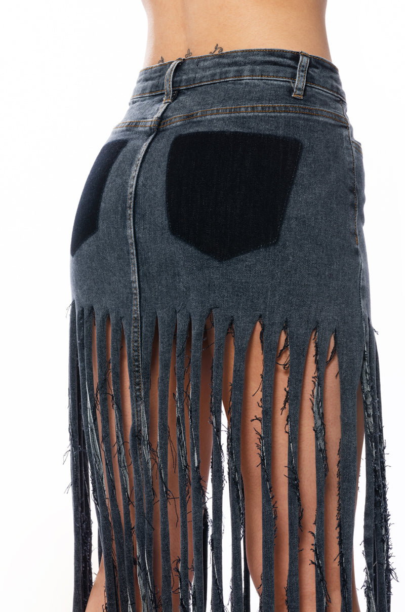 LOST AT SEA FRINGE DENIM MAXI SKIRT