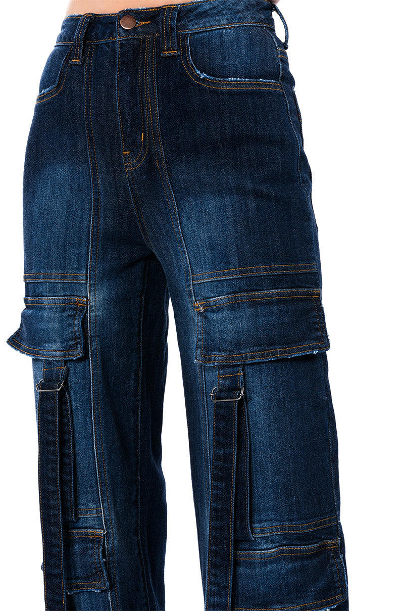 LOVER FOR LIFE BUCKLE DETAILED DENIM CARGOS
