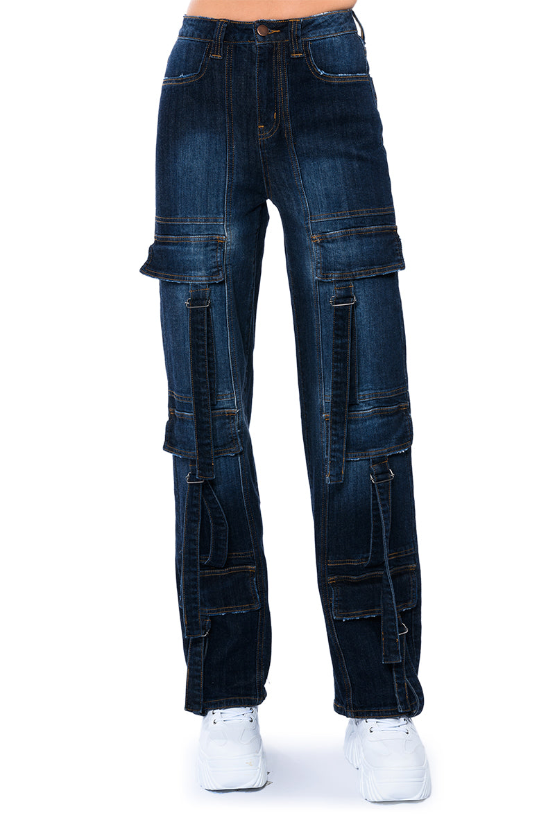 LOVER FOR LIFE BUCKLE DETAILED DENIM CARGOS