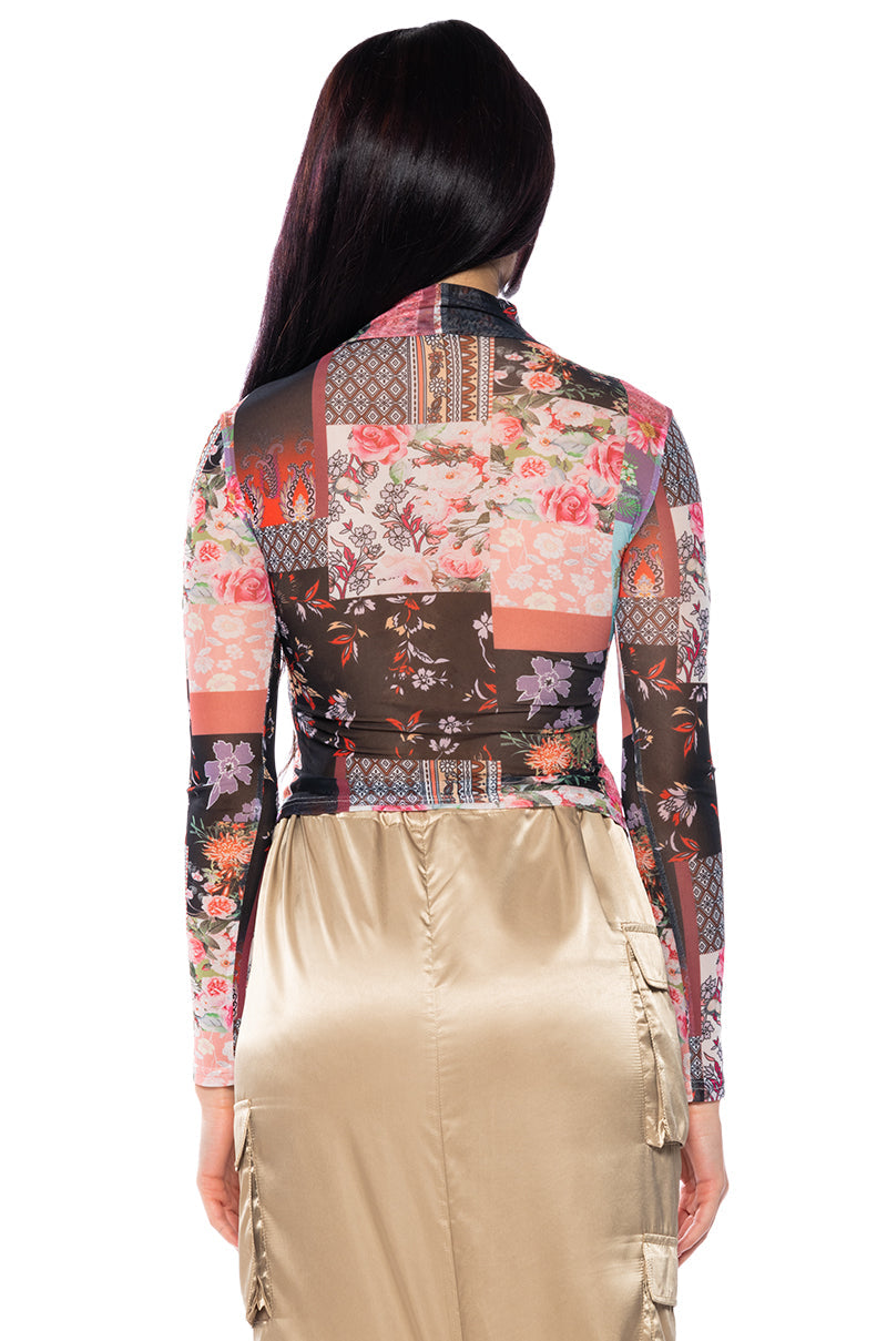 MABLE FLORAL PRINT MESH TURTLENECK TOP