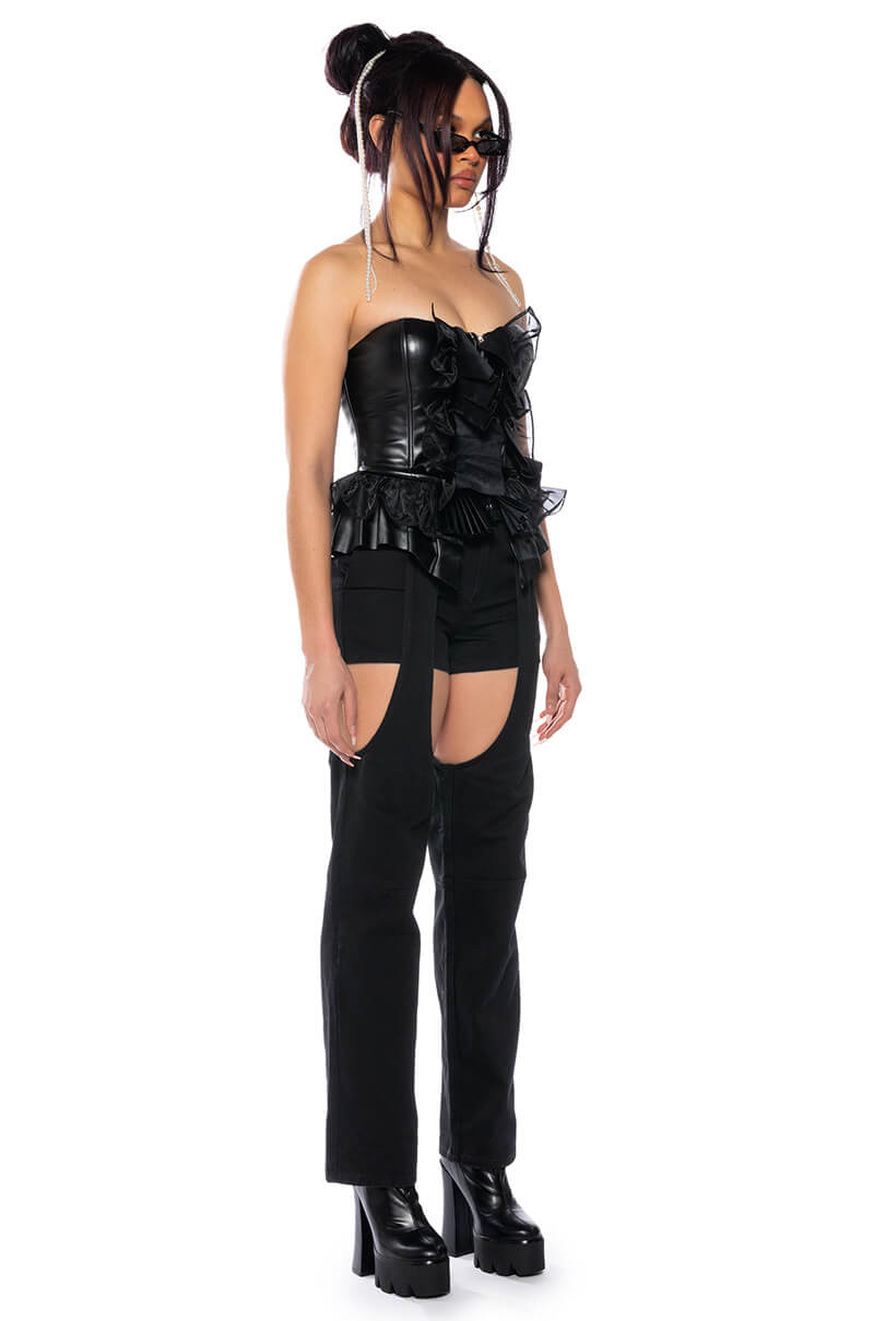 MAKE A MOVIE FAUX LEATHER RUFFLE TUBE TOP