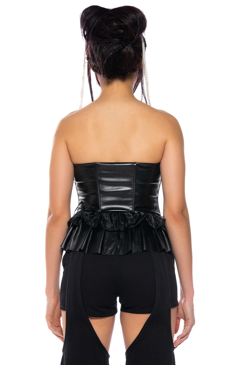 MAKE A MOVIE FAUX LEATHER RUFFLE TUBE TOP