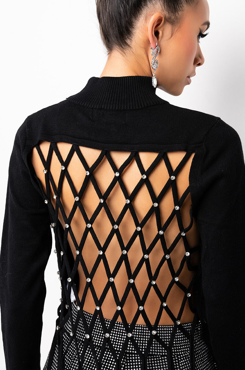 MAKE YOU MINE OPEN BACK RHINESTONE NET SWEATER