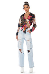 MALIBLUE PRINTED TIE FRONT BLOUSE