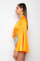 MARIPOSA TIE FRONT BUTTERFLY SLEEVE SATIN BODYSUIT
