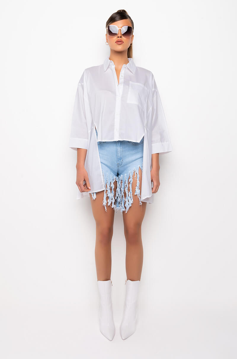 MAXI FRINGE HIGH WAISTED DENIM SHORTS