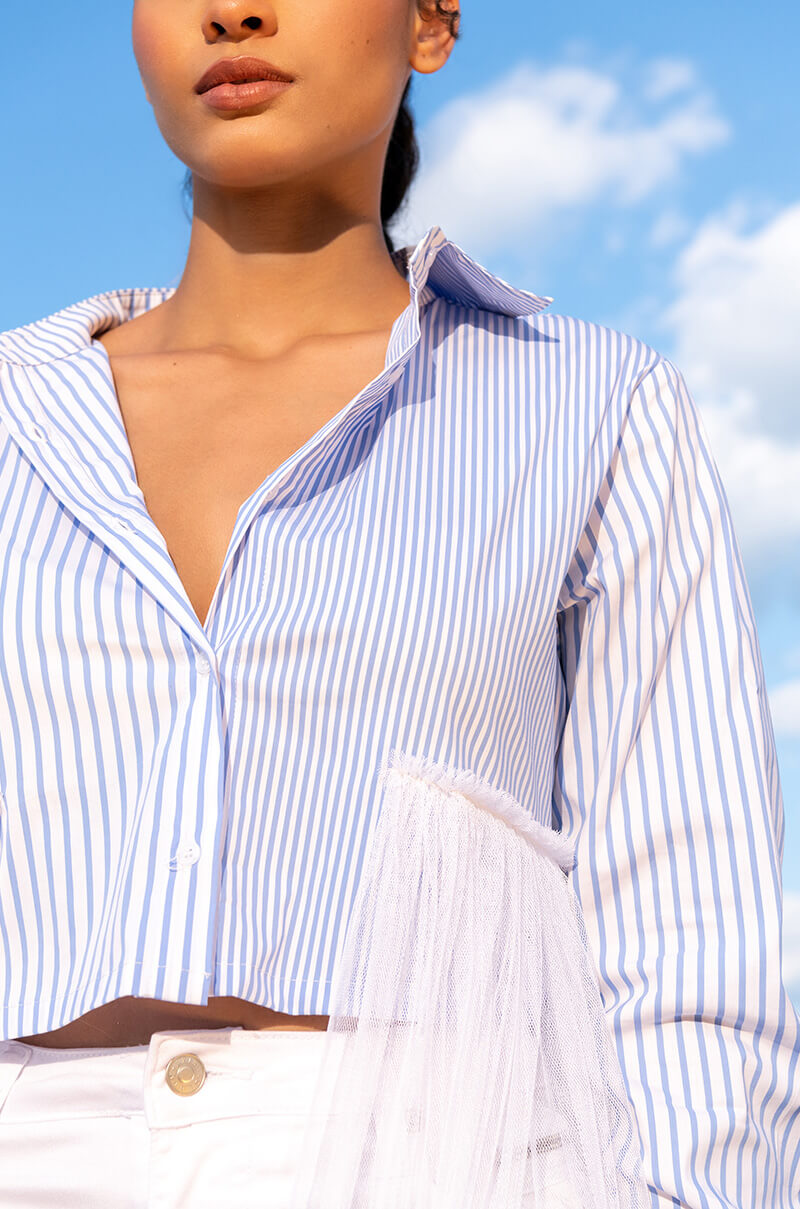 MELODRAMATIC MESH PANEL POPLIN BLOUSE