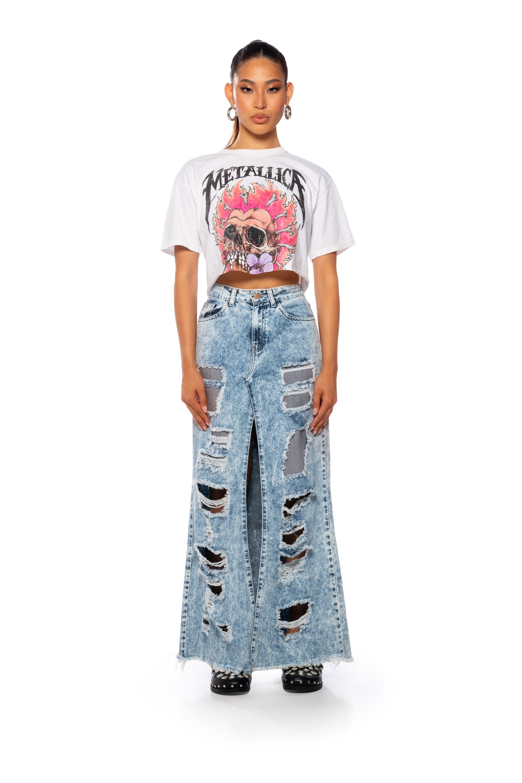 METALLICA FLORAL SKULL CROPPED T SHIRT