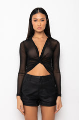 METRO TWIST FRONT LONG SLEEVE MESH BLOUSE
