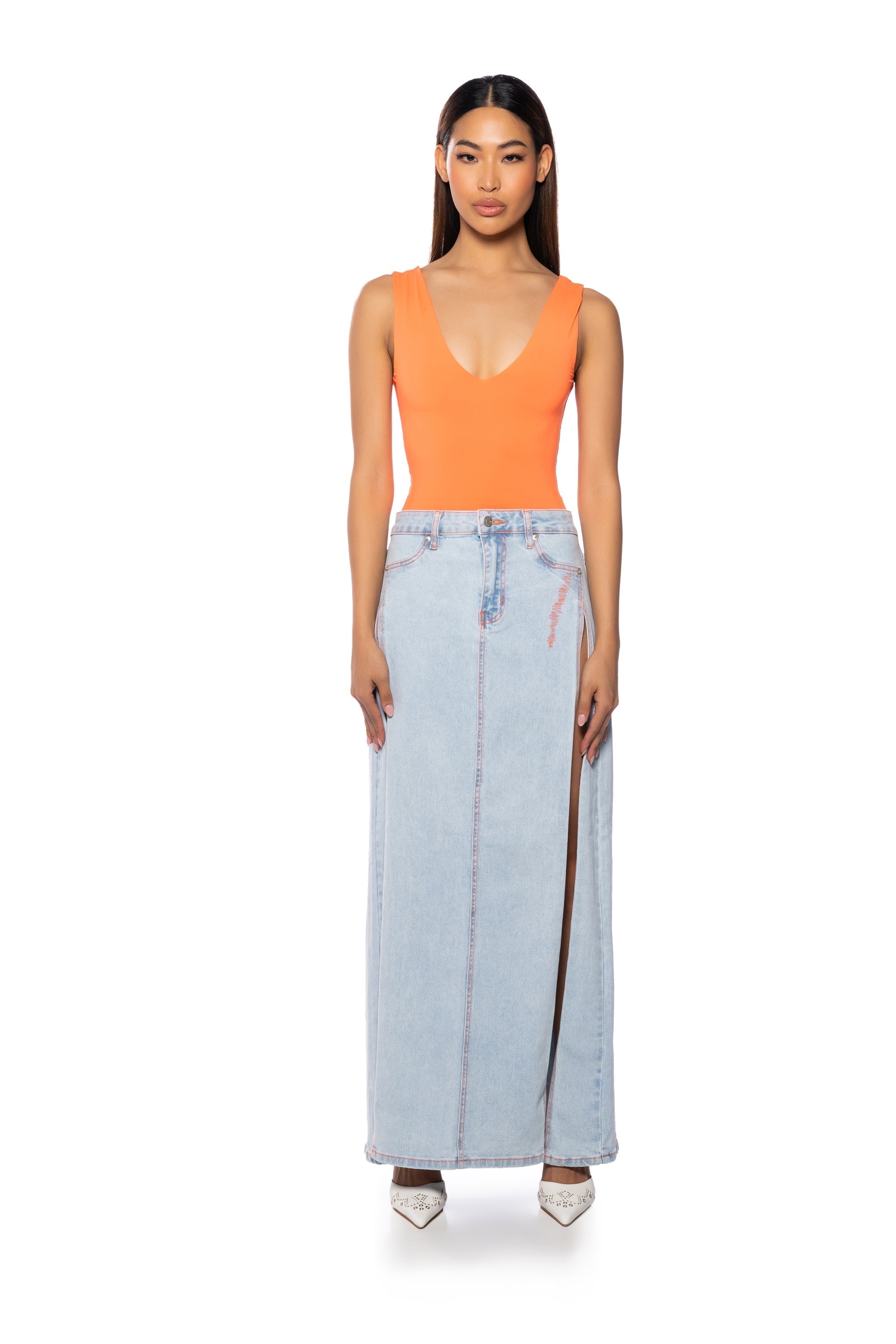 MIA DOUBLE SLIT MAXI DENIM SKIRT