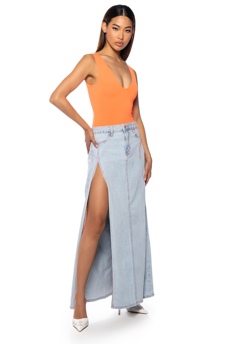 MIA DOUBLE SLIT MAXI DENIM SKIRT